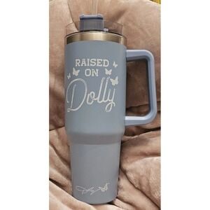 NEW Dolly Parton Light Blue  'Raised On Dolly' Tumbler Handle  Cup With Straw DG